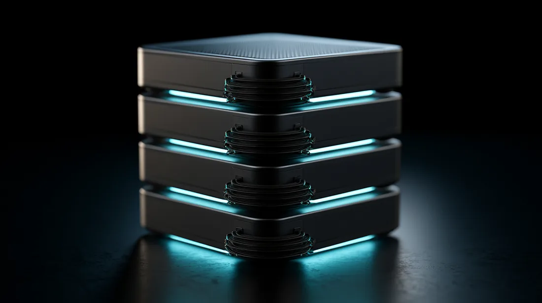A stack of four AgentBox nodes interconnected in a cluster with glowing teal cabling