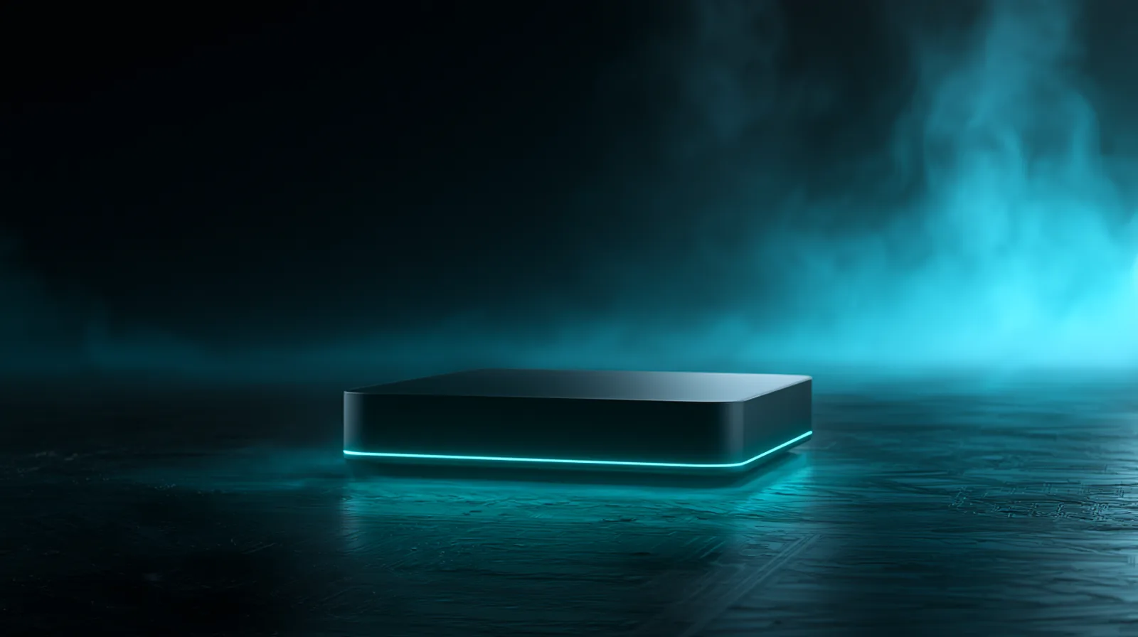 AgentBox edge AI appliance — compact dark aluminum chassis with a glowing teal light seam, floating on black