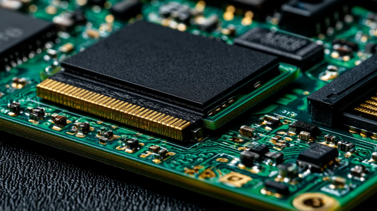 Macro of the RK3588 system-on-module carrier board with NVMe slot and gold contacts