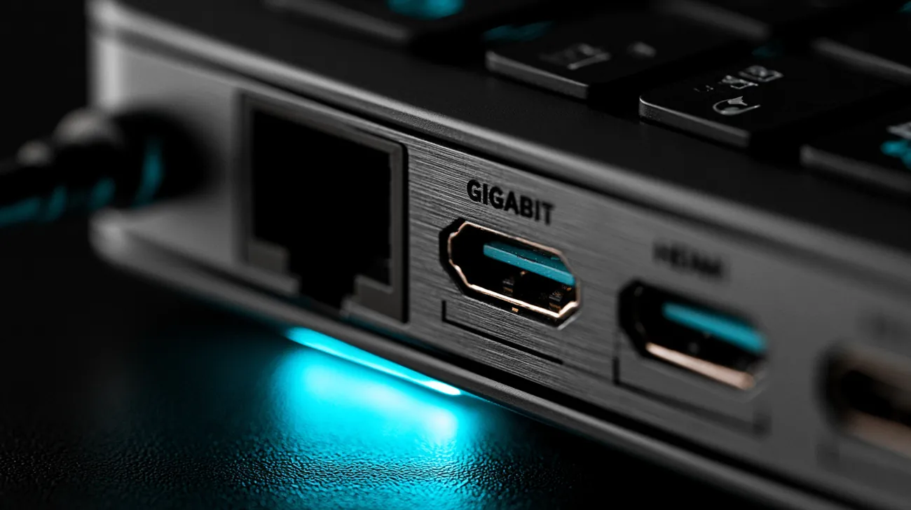 Macro of AgentBox rear I/O panel — Gigabit Ethernet, HDMI and USB ports backlit in teal