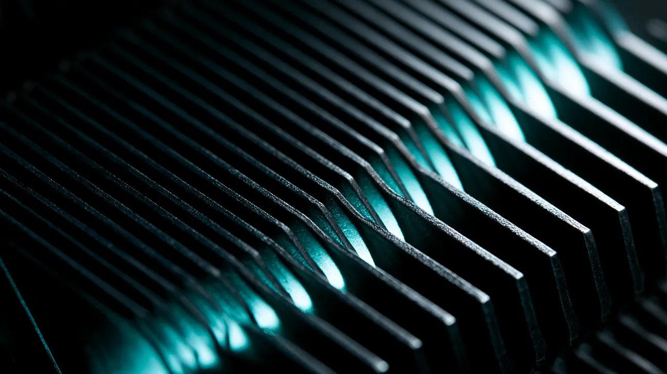 Macro close-up of AgentBox black anodized aluminum heatsink fins glowing teal between the fins