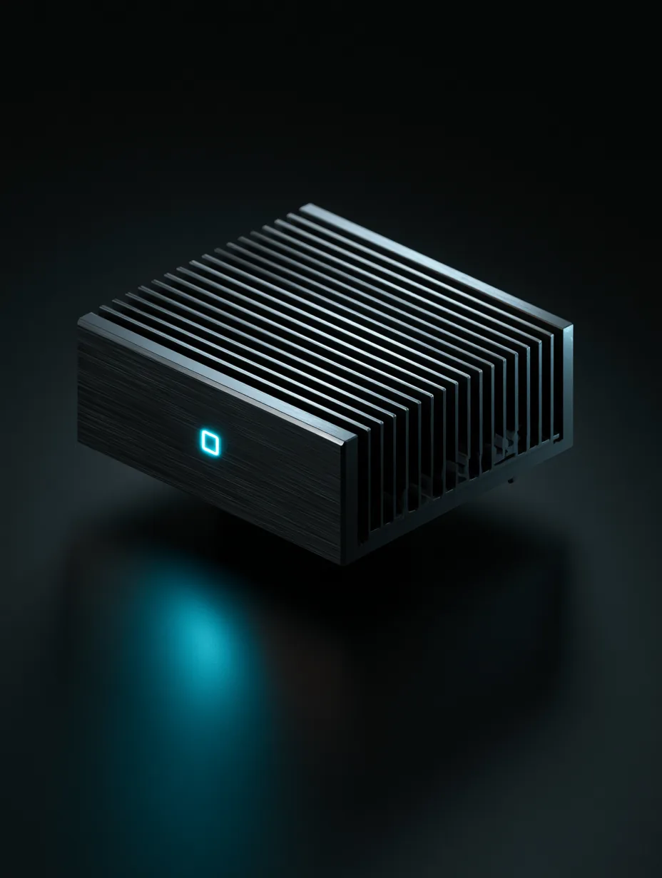 Three-quarter angle render of the AgentBox appliance showing the heatsink top and accent LED